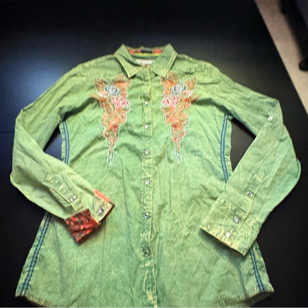 Roar western shirt embroidered pearl buttons cowgirl fitted acid wash medium - Picture 3 of 11